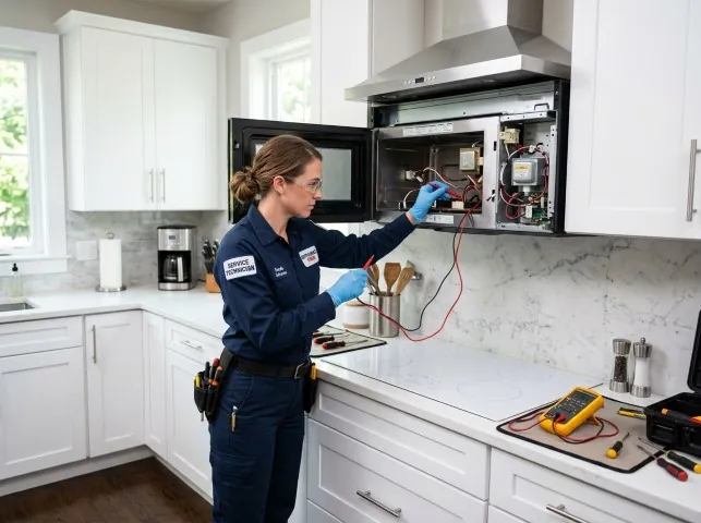 Appliance Repair Hero technician testing an over-the-range microwave in a Anna Maria, FL kitchen